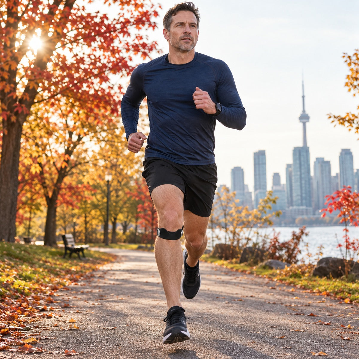 Running in autumn with the knee strap