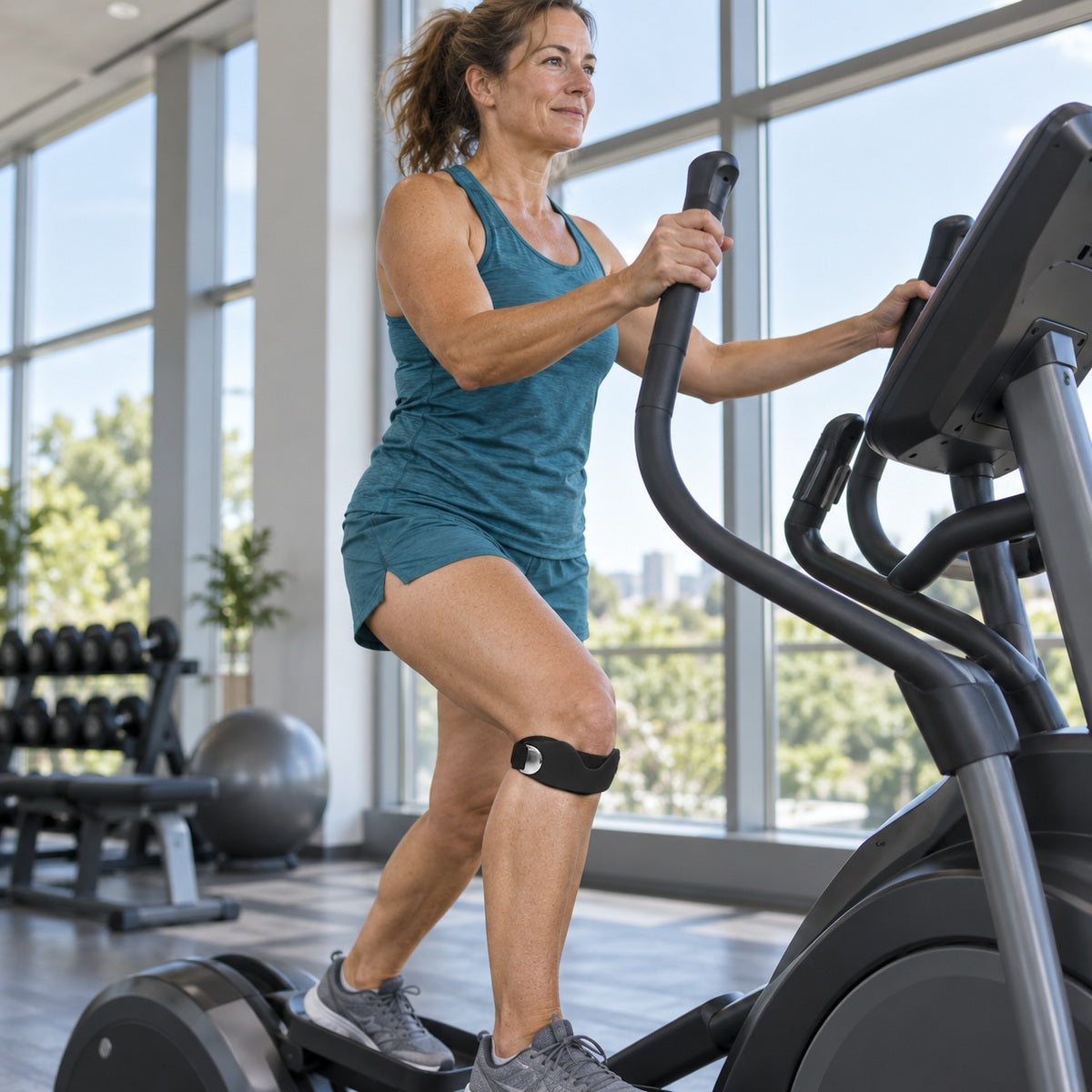 Cross-trainer workout with the knee strap