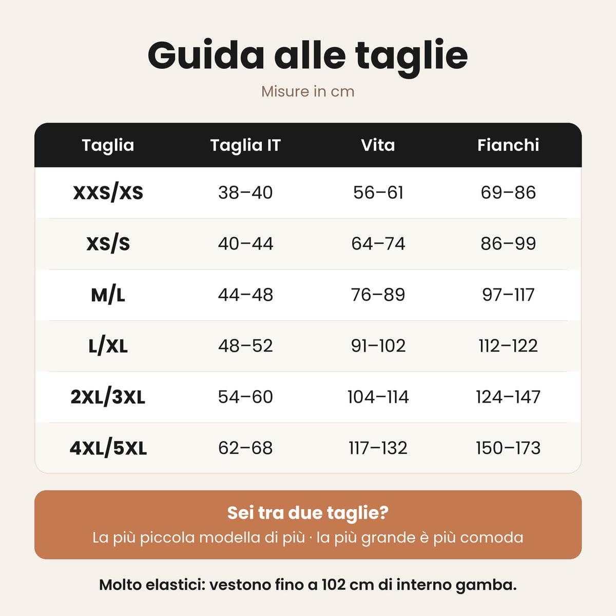 Guida alle taglie dei collant termici, taglie italiane e misure in cm